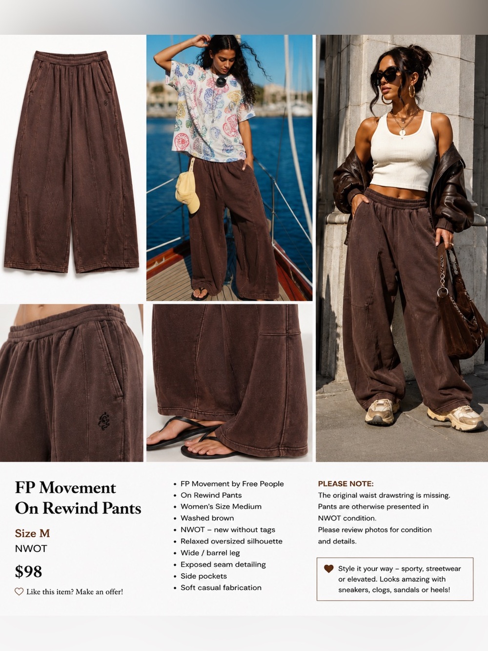 Free People Movement On Rewind Pants Brown Wide Leg Barrel Size M NWOT
